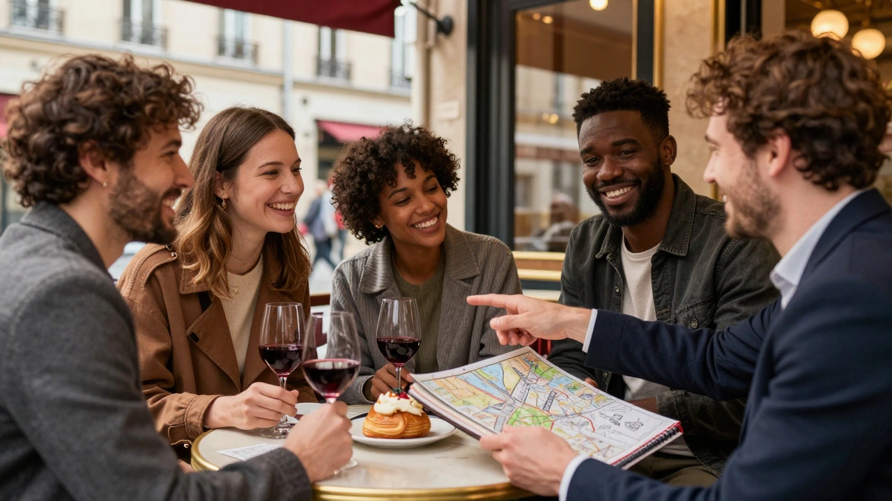 A group of travelers and locals laughing together at a Paris café, sharing wine and stories.