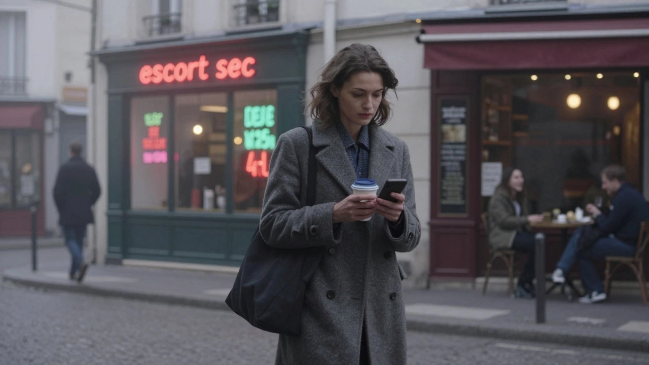 A woman walking alone in Montmartre at dusk, neon escort ads glowing faintly behind her.